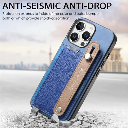 For iPhone 16 Pro Max Case Wristband Kickstand Leather+TPU Phone Cover Detachable Card Holder