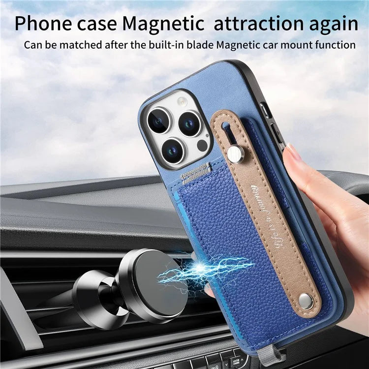 For iPhone 16 Pro Max Case Wristband Kickstand Leather+TPU Phone Cover Detachable Card Holder