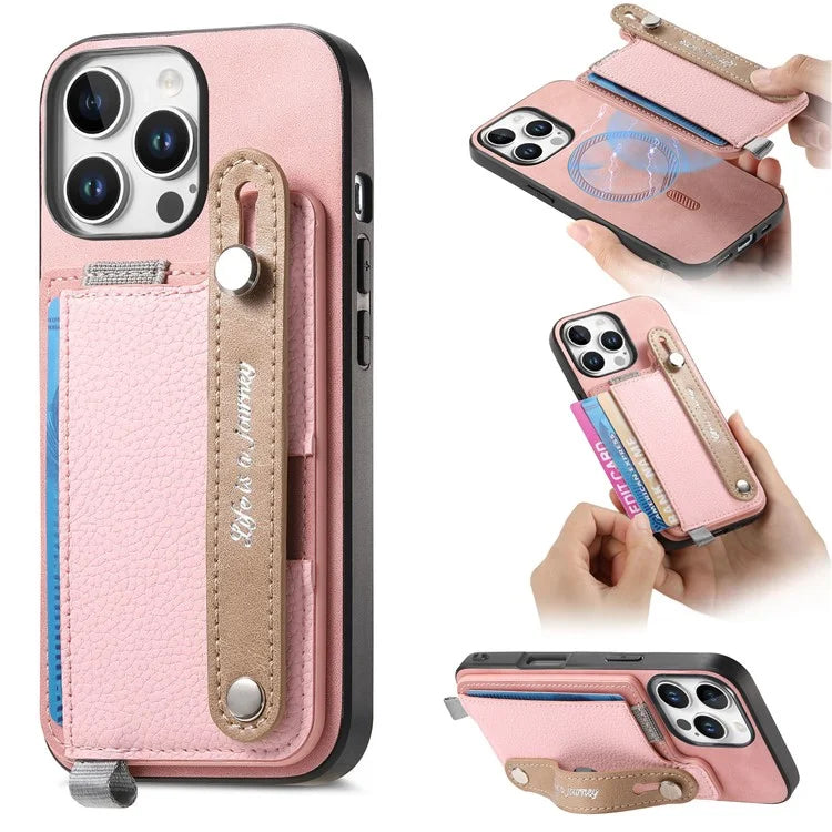 For iPhone 16 Pro Max Case Wristband Kickstand Leather+TPU Phone Cover Detachable Card Holder