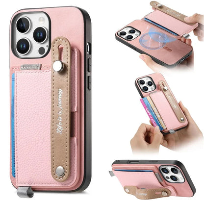 For iPhone 16 Pro Max Case Wristband Kickstand Leather+TPU Phone Cover Detachable Card Holder
