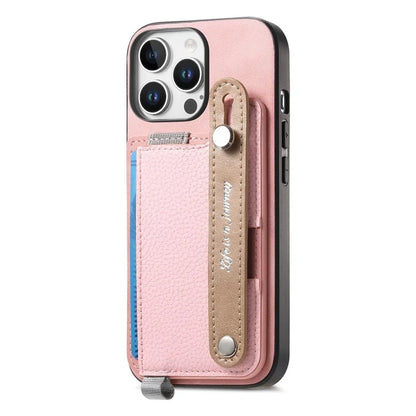 For iPhone 16 Pro Max Case Wristband Kickstand Leather+TPU Phone Cover Detachable Card Holder