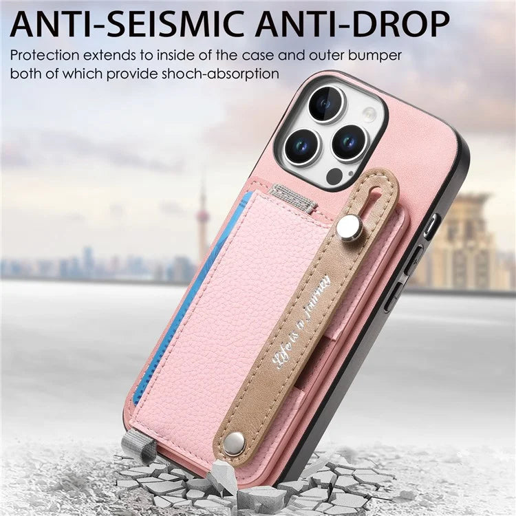 For iPhone 16 Pro Max Case Wristband Kickstand Leather+TPU Phone Cover Detachable Card Holder