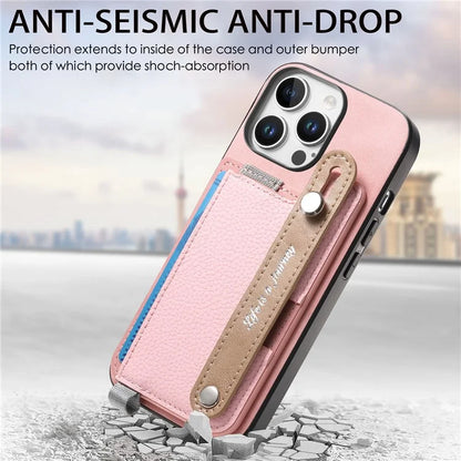 For iPhone 16 Pro Max Case Wristband Kickstand Leather+TPU Phone Cover Detachable Card Holder