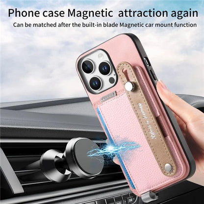 For iPhone 16 Pro Max Case Wristband Kickstand Leather+TPU Phone Cover Detachable Card Holder