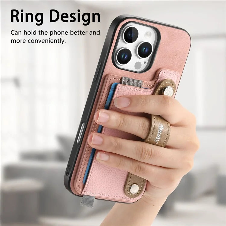 For iPhone 16 Pro Max Case Wristband Kickstand Leather+TPU Phone Cover Detachable Card Holder