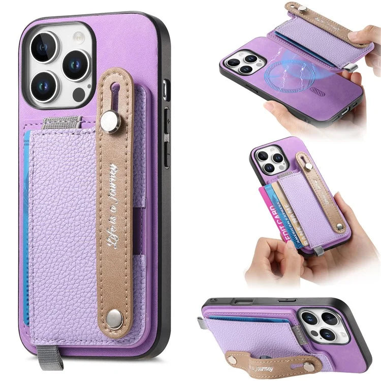 For iPhone 16 Pro Max Case Wristband Kickstand Leather+TPU Phone Cover Detachable Card Holder
