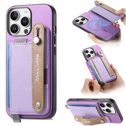 For iPhone 16 Pro Max Case Wristband Kickstand Leather+TPU Phone Cover Detachable Card Holder