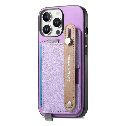For iPhone 16 Pro Max Case Wristband Kickstand Leather+TPU Phone Cover Detachable Card Holder