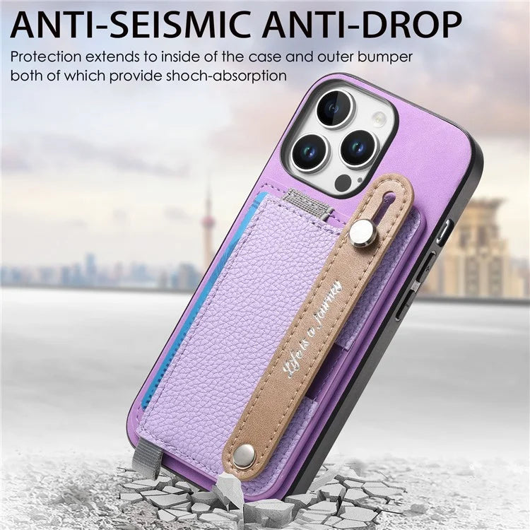 For iPhone 16 Pro Max Case Wristband Kickstand Leather+TPU Phone Cover Detachable Card Holder