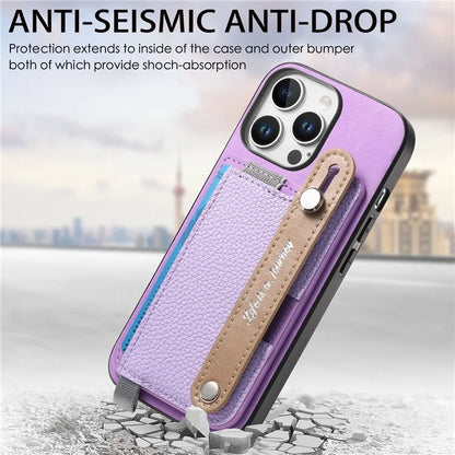 For iPhone 16 Pro Max Case Wristband Kickstand Leather+TPU Phone Cover Detachable Card Holder