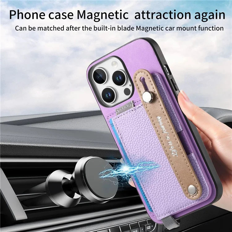 For iPhone 16 Pro Max Case Wristband Kickstand Leather+TPU Phone Cover Detachable Card Holder