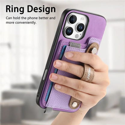 For iPhone 16 Pro Max Case Wristband Kickstand Leather+TPU Phone Cover Detachable Card Holder