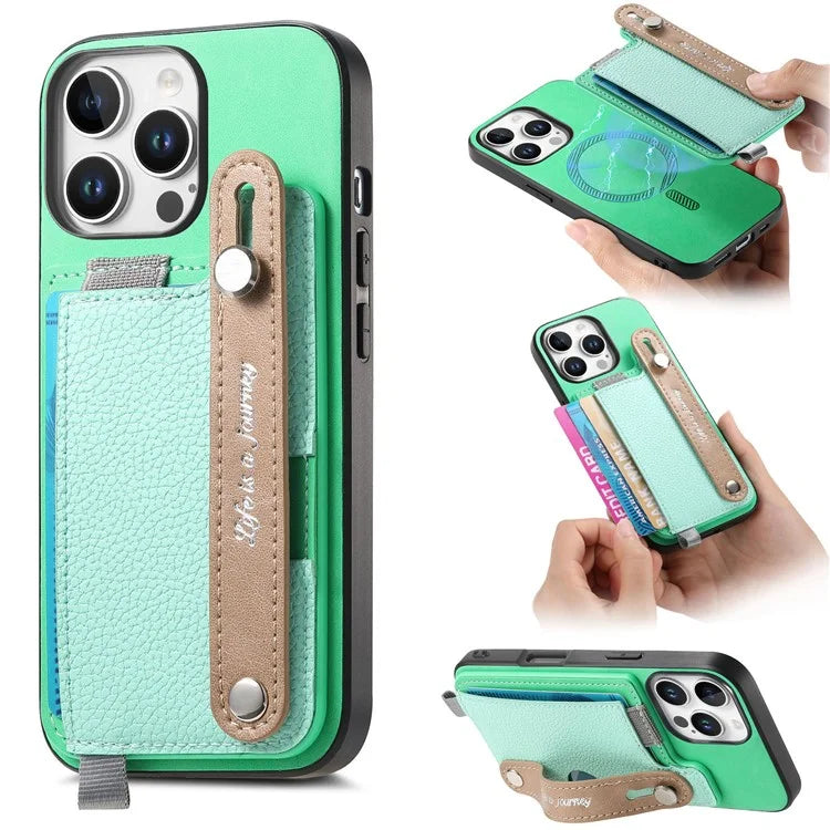 For iPhone 16 Pro Max Case Wristband Kickstand Leather+TPU Phone Cover Detachable Card Holder
