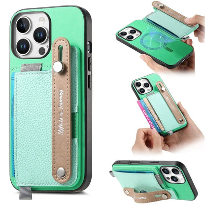 For iPhone 16 Pro Max Case Wristband Kickstand Leather+TPU Phone Cover Detachable Card Holder