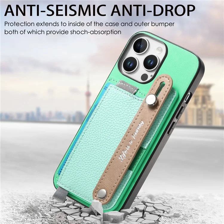 For iPhone 16 Pro Max Case Wristband Kickstand Leather+TPU Phone Cover Detachable Card Holder