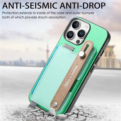 For iPhone 16 Pro Max Case Wristband Kickstand Leather+TPU Phone Cover Detachable Card Holder