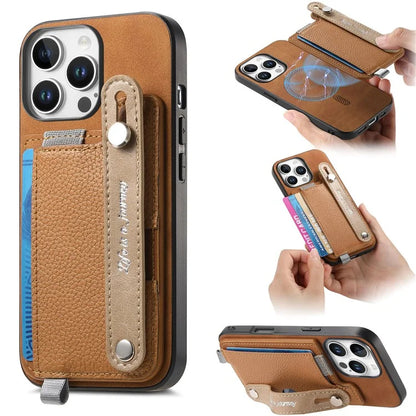 For iPhone 16 Pro Max Case Wristband Kickstand Leather+TPU Phone Cover Detachable Card Holder
