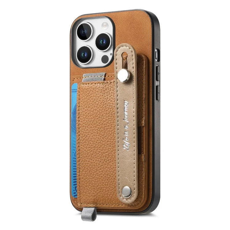 For iPhone 16 Pro Max Case Wristband Kickstand Leather+TPU Phone Cover Detachable Card Holder