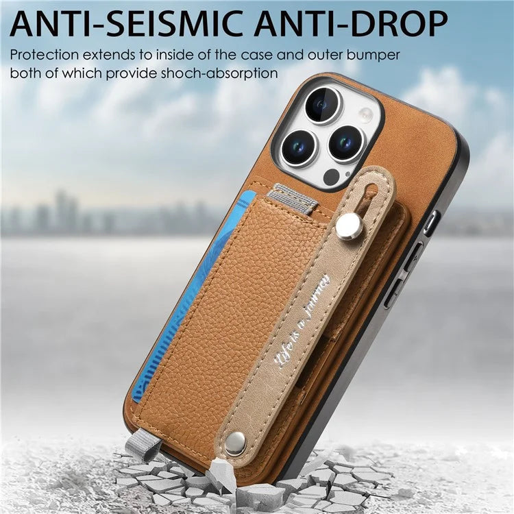 For iPhone 16 Pro Max Case Wristband Kickstand Leather+TPU Phone Cover Detachable Card Holder