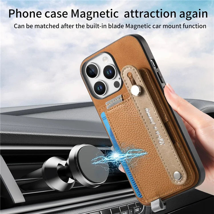 For iPhone 16 Pro Max Case Wristband Kickstand Leather+TPU Phone Cover Detachable Card Holder