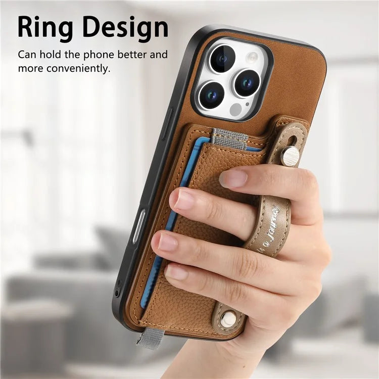For iPhone 16 Pro Max Case Wristband Kickstand Leather+TPU Phone Cover Detachable Card Holder