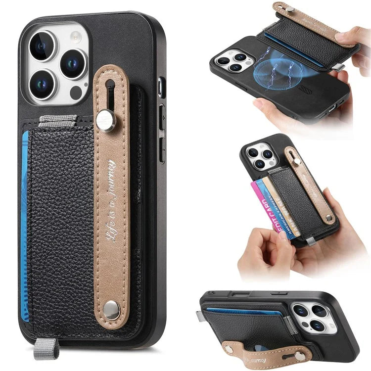 For iPhone 16 Pro Max Case Wristband Kickstand Leather+TPU Phone Cover Detachable Card Holder