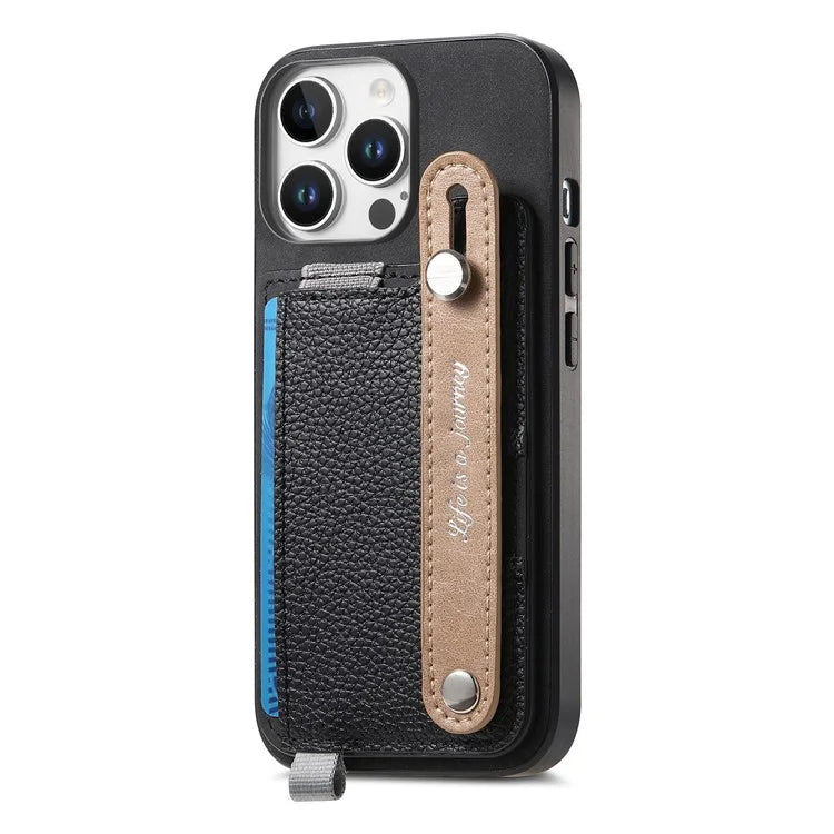 For iPhone 16 Pro Max Case Wristband Kickstand Leather+TPU Phone Cover Detachable Card Holder