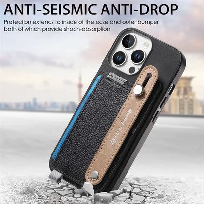 For iPhone 16 Pro Max Case Wristband Kickstand Leather+TPU Phone Cover Detachable Card Holder