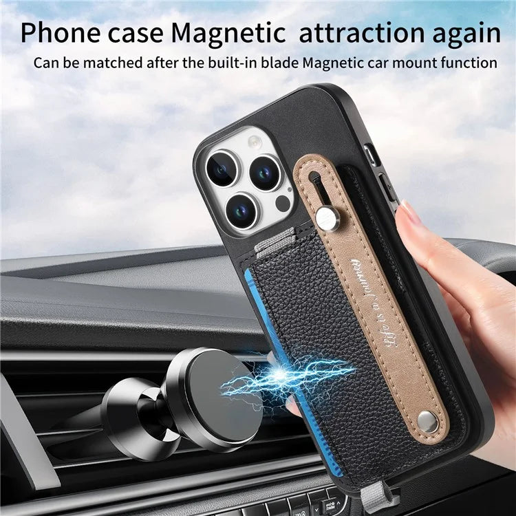 For iPhone 16 Pro Max Case Wristband Kickstand Leather+TPU Phone Cover Detachable Card Holder
