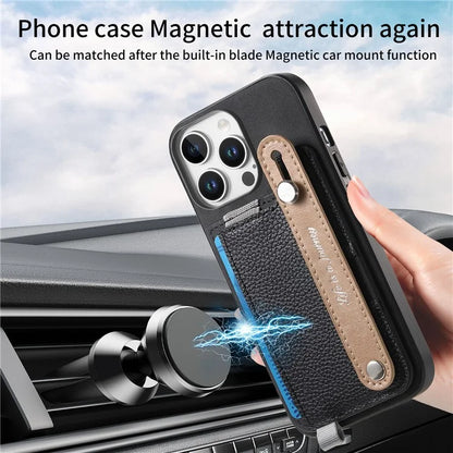 For iPhone 16 Pro Max Case Wristband Kickstand Leather+TPU Phone Cover Detachable Card Holder