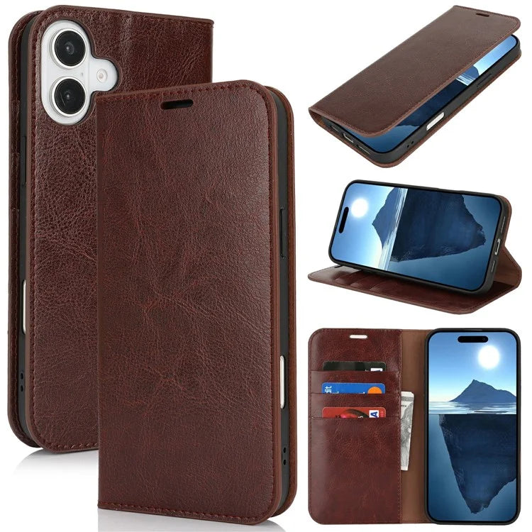 For iPhone 16 Plus Case Crazy Horse Texture Split Leather Wallet Phone Cover