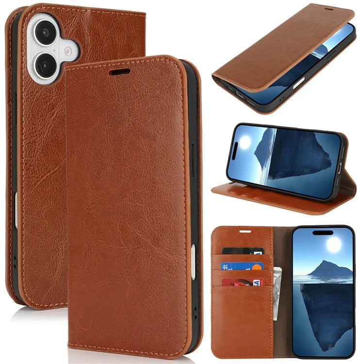 For iPhone 16 Plus Case Crazy Horse Texture Split Leather Wallet Phone Cover