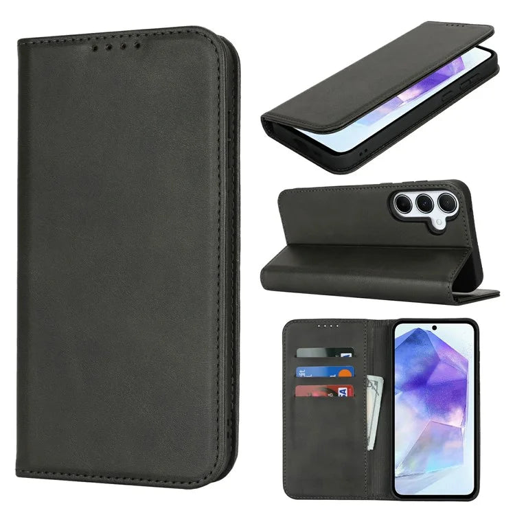 For Samsung Galaxy S24 FE Case PU Leather Calf Textured Magnetic Closing Smart Phone Cover