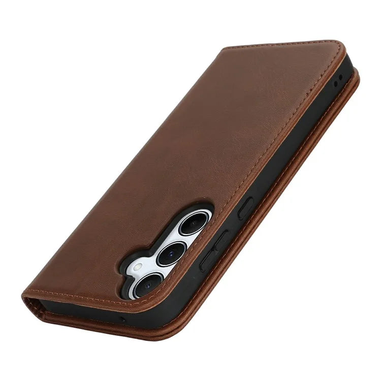 For Samsung Galaxy S24 FE Case PU Leather Calf Textured Magnetic Closing Smart Phone Cover