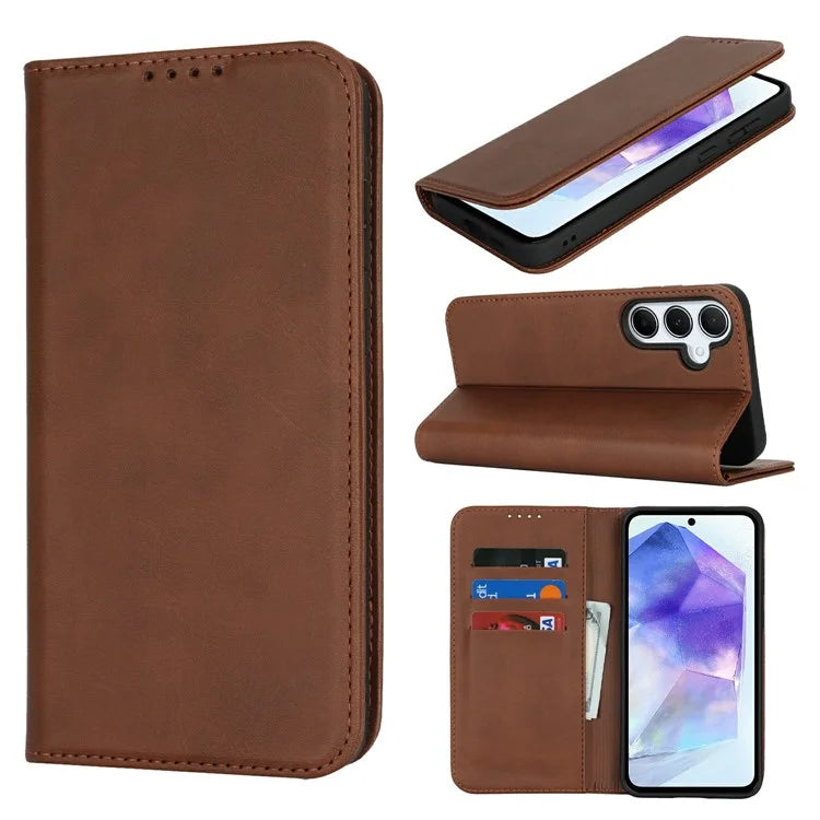 For Samsung Galaxy S24 FE Case PU Leather Calf Textured Magnetic Closing Smart Phone Cover