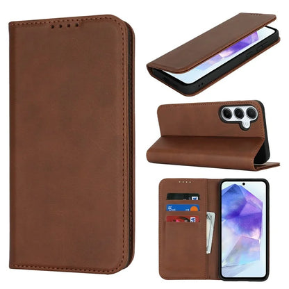 For Samsung Galaxy S24 FE Case PU Leather Calf Textured Magnetic Closing Smart Phone Cover