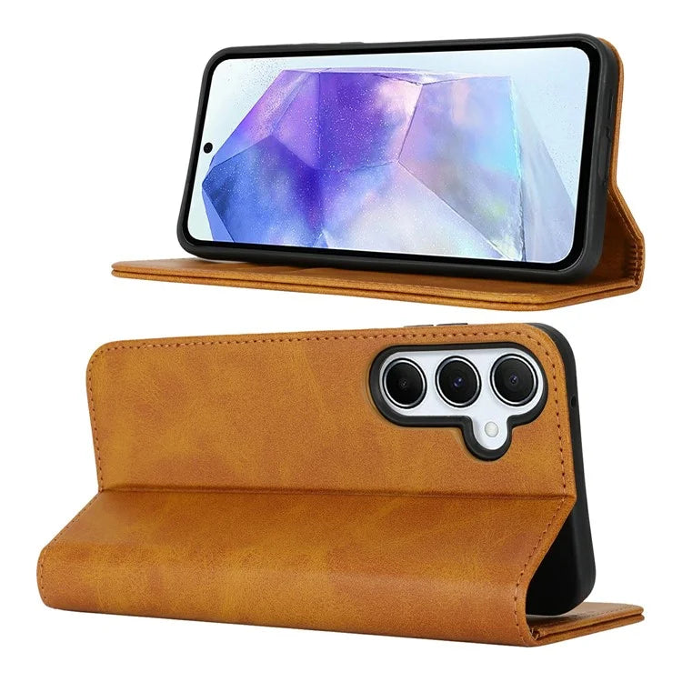 For Samsung Galaxy S24 FE Case PU Leather Calf Textured Magnetic Closing Smart Phone Cover
