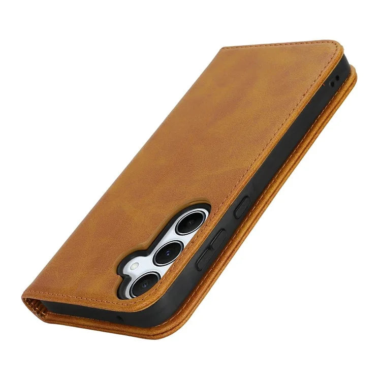 For Samsung Galaxy S24 FE Case PU Leather Calf Textured Magnetic Closing Smart Phone Cover