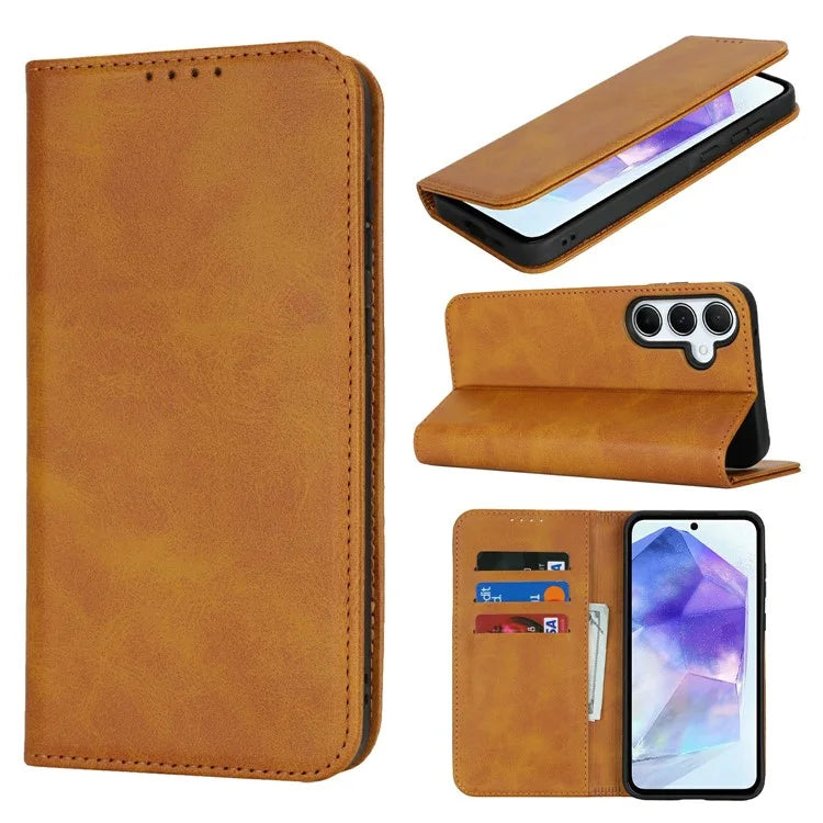 For Samsung Galaxy S24 FE Case PU Leather Calf Textured Magnetic Closing Smart Phone Cover
