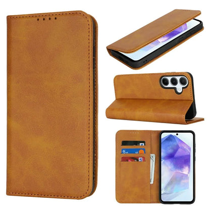 For Samsung Galaxy S24 FE Case PU Leather Calf Textured Magnetic Closing Smart Phone Cover