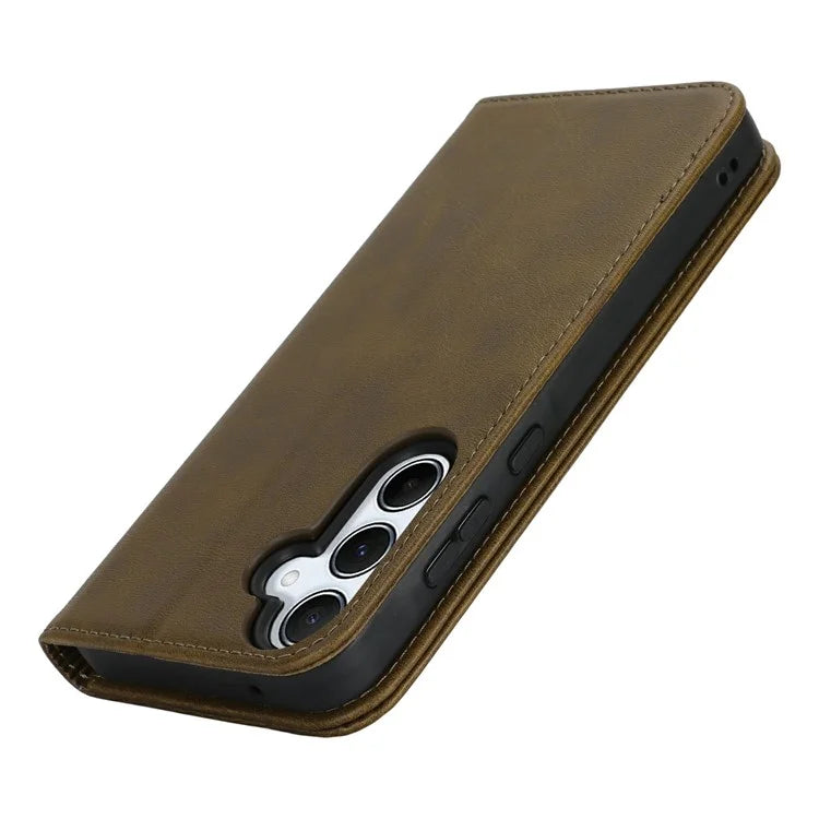 For Samsung Galaxy S24 FE Case PU Leather Calf Textured Magnetic Closing Smart Phone Cover