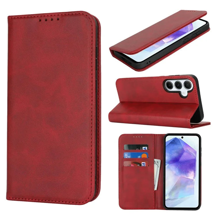 For Samsung Galaxy S24 FE Case PU Leather Calf Textured Magnetic Closing Smart Phone Cover