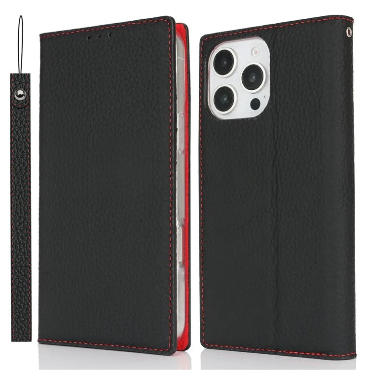 For iPhone 16 Pro Wallet Case Genuine Cow Leather Phone Cover Litchi Texture