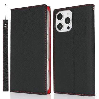 For iPhone 16 Pro Wallet Case Genuine Cow Leather Phone Cover Litchi Texture