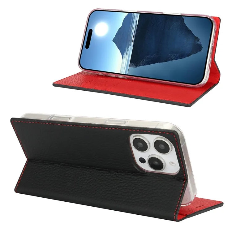 For iPhone 16 Pro Wallet Case Genuine Cow Leather Phone Cover Litchi Texture