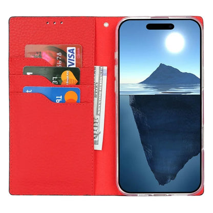 For iPhone 16 Pro Wallet Case Genuine Cow Leather Phone Cover Litchi Texture