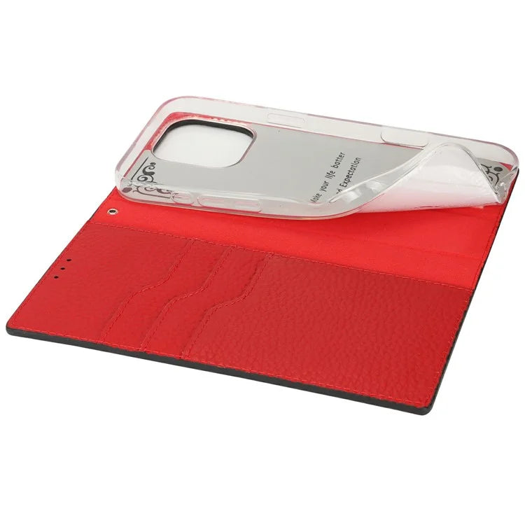 For iPhone 16 Pro Wallet Case Genuine Cow Leather Phone Cover Litchi Texture