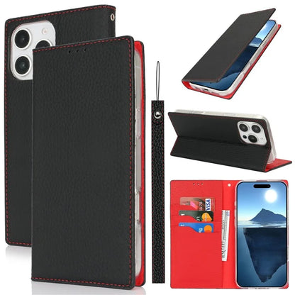 For iPhone 16 Pro Wallet Case Genuine Cow Leather Phone Cover Litchi Texture