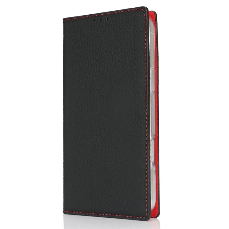 For iPhone 16 Pro Wallet Case Genuine Cow Leather Phone Cover Litchi Texture