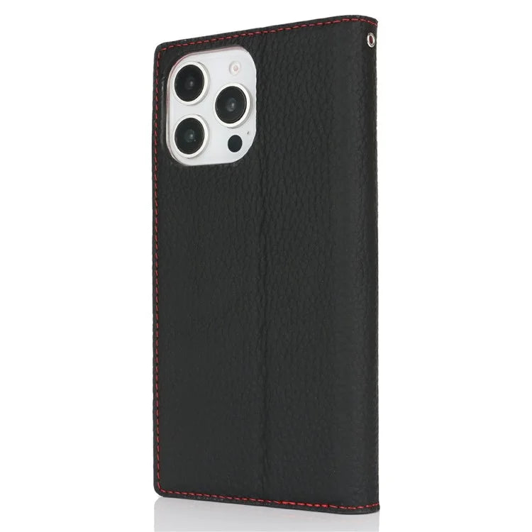 For iPhone 16 Pro Wallet Case Genuine Cow Leather Phone Cover Litchi Texture